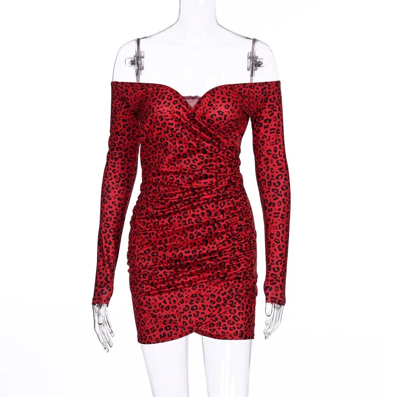 ANJAMANOR, сексуальные платья с красным гепардом, женские вечерние платья для ночного клуба, платье с открытыми плечами и длинным рукавом, облегающее Бандажное платье, D70-AB37