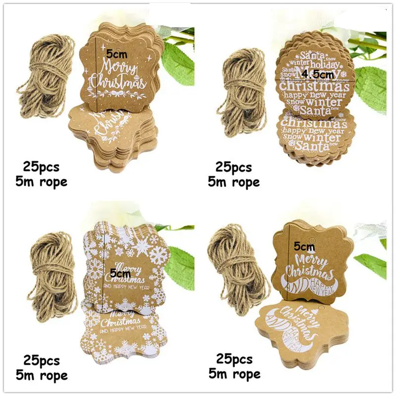 25pcs Merry Christmas with Snowflakes and trees Kraft Gift Tags Happy New Year Party Paper Hang Tags Price Label Hang Tag Cards