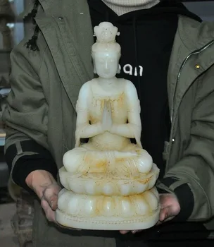 

wedding decoration 14"Chinase exquisite old White jade Hand-carved Kwan-Yin Guanyin Amitayus statue