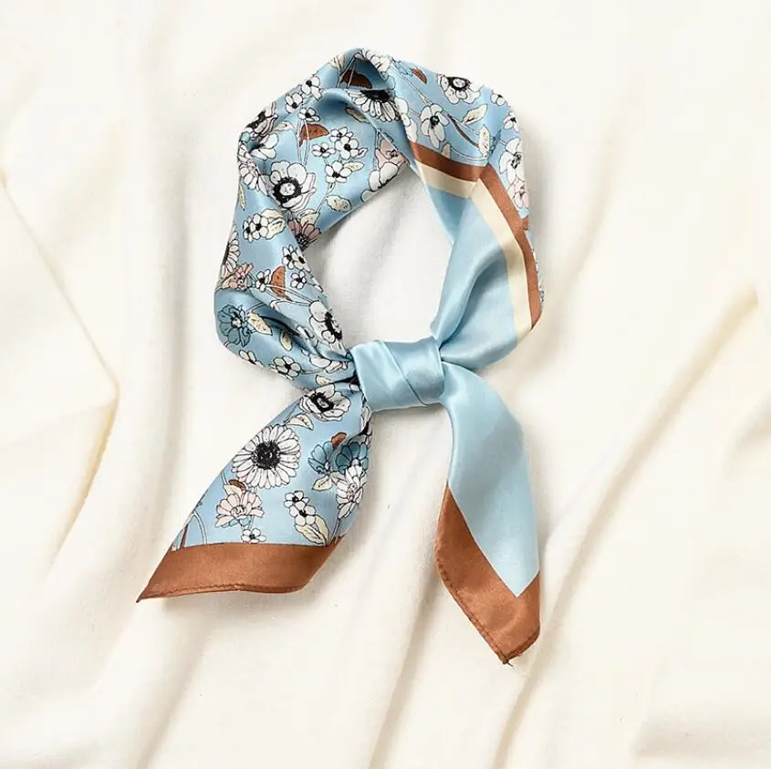 

New 53*53cm Women Multifunction Silk Scarf Green Floral Printed Casual Small Square Wraps Scarves Hijab Bandanas for Ladies 2021
