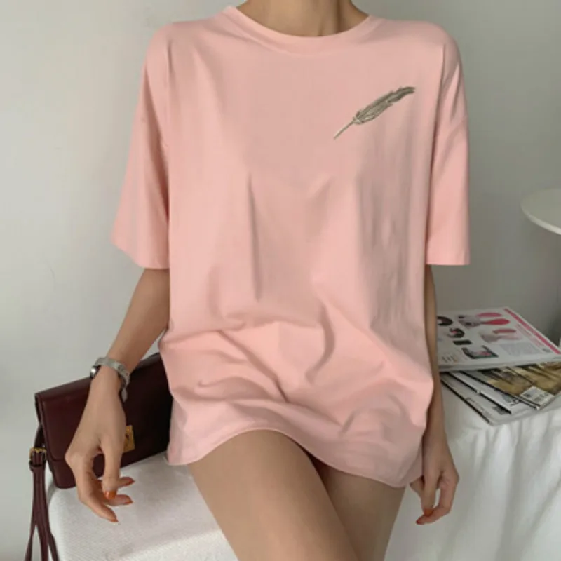 

Women Short sleeve T-Shirt Feather Embroidered Summer Casual Round Neck Korean Solid Color Female Oversized t shirt Pink Tops