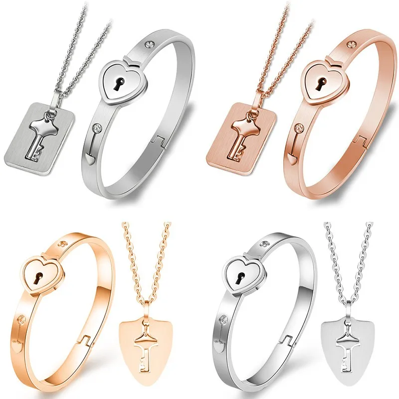 Мода концентрический замок ключ титана стали пара наборы нержавеющая сталь ювелирные изделия браслет ожерелье