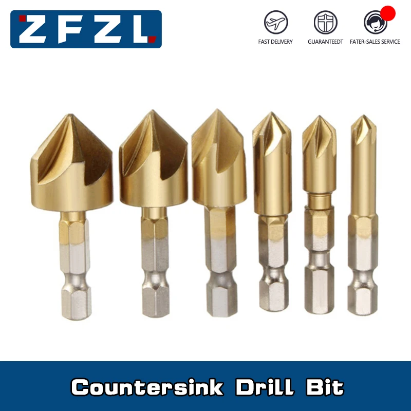 6pcs HSS Chamfer Countersink Chamfer Drill Bit 1/4" Hex Shank 90 Degree
