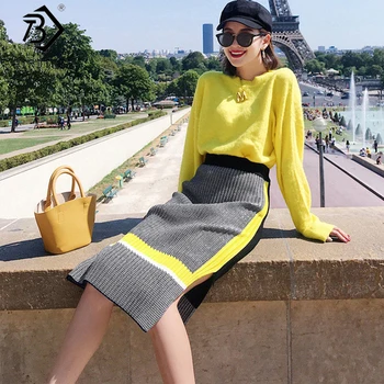 

2019 Autumn New Arrival Women's Casual Suits Two Pieces Set Pullovers Knitted Tops Full Sleeve O-Neck Knitted Midi Skirt S90201K