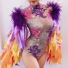 Fashion Stage Wear Ribbon Strip Feather Sleeve Rhinestone Bodysuit Women Nightclub Bar Party Outfit Performance Dance Costume ► Photo 1/6