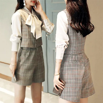 

Summer Autumn Women Three piece sets Plaid Waistcoat Bow Collar Full Sleeve Shirt And Short Pants Suit Set OL 3 Piece Set SL518