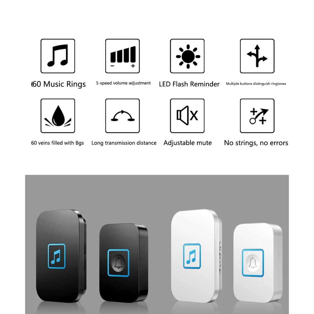 

Waterproof Transmitter Receiver Office Doorbell Durable LED Indicator Wireless Music Adjustable Volume 60 Chimes Home Security