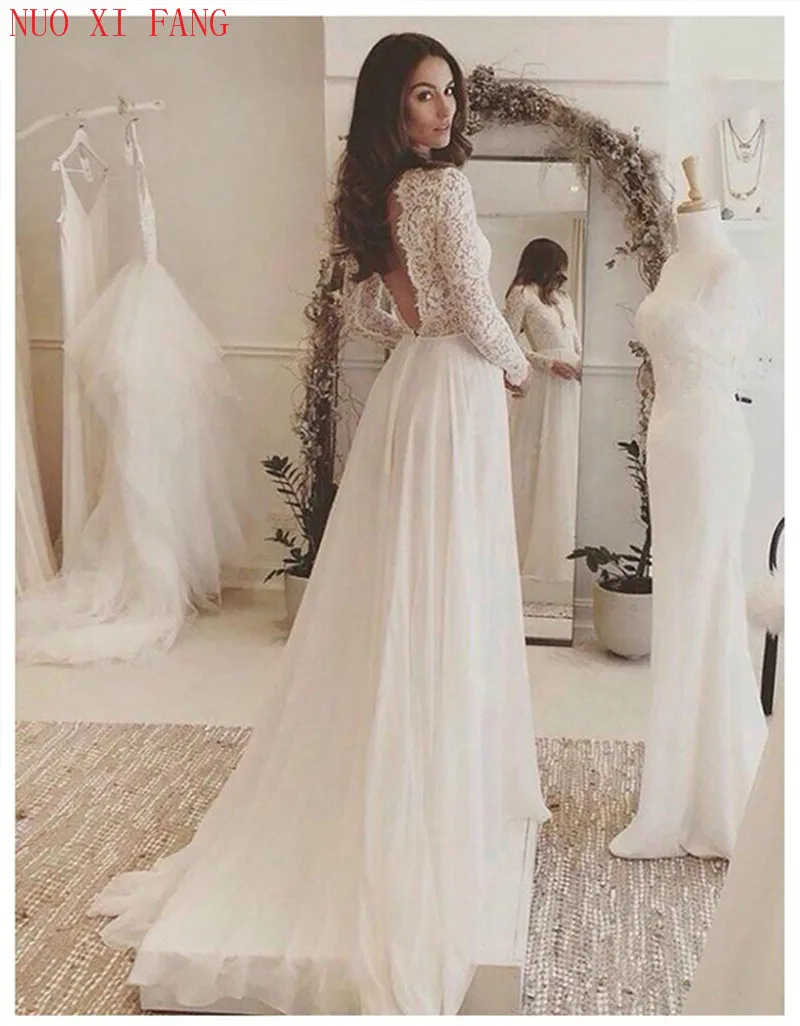 Vintage White Boho Wedding Dress 2020 Long Sleeve Wedding Bridal Gown Lace Tulle A-line Vestido De Novia abito da sposa