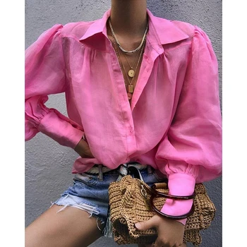 

2019 Autumn Sexy Notched Collar Office Ladies Blouse Women Lantern Long Sleeve Loose Shirt Solid Button Tops Blouses