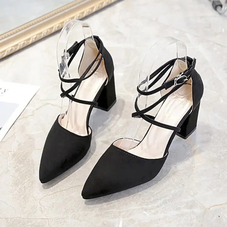 

2018 Summer New Style Sandals Women's Korean-style Cross Straps Chunky Heel Pointed High Heel Shoes Hallow Suede Women's