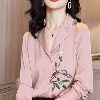 

Spring Fall Vintage Womens Embroidery Sequined Flower Imitation Silk Top Blouse , Autumn Long Sleeve Blouses Shirts for Woman