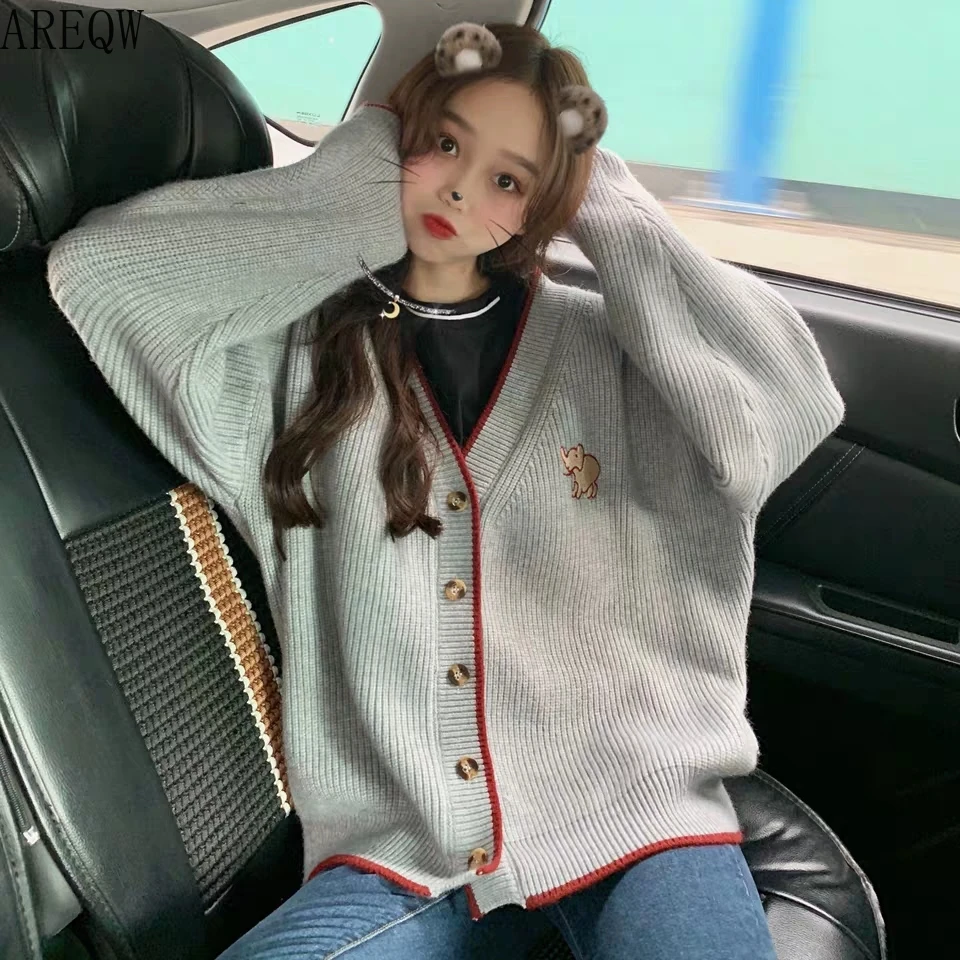 Новинка весны, корейский вязаный кардиган с v-образным вырезом в школьном стиле, женский свободный короткий свитер большого размера