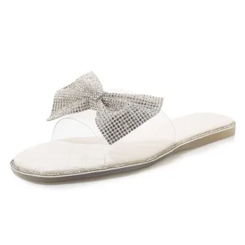 

Plus Size 45 Designer Women Shoes Rhinesto Square Toe Bow Womens Slippers Quality PU PVC Ladies Summer Slides Flats Sandals