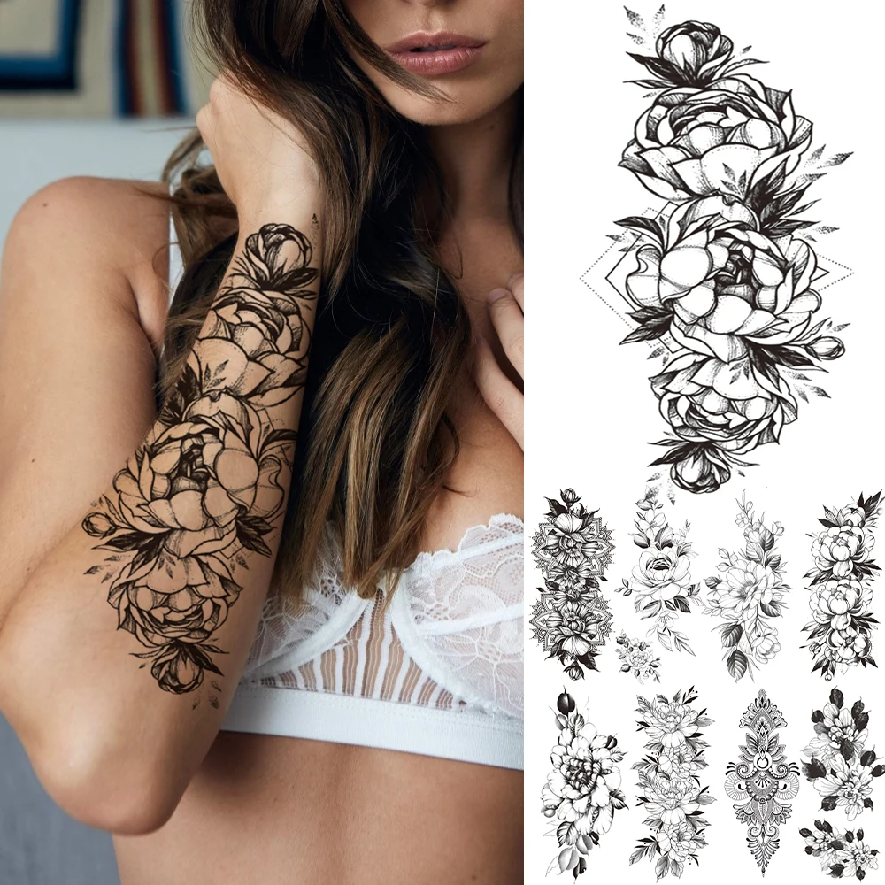 

Сексуальная кружевная Цветочная временная татуировка, наклейка для женщин, девушек, пиона, роза, большой реалистичный искусство тела, тату для ног предплечья
