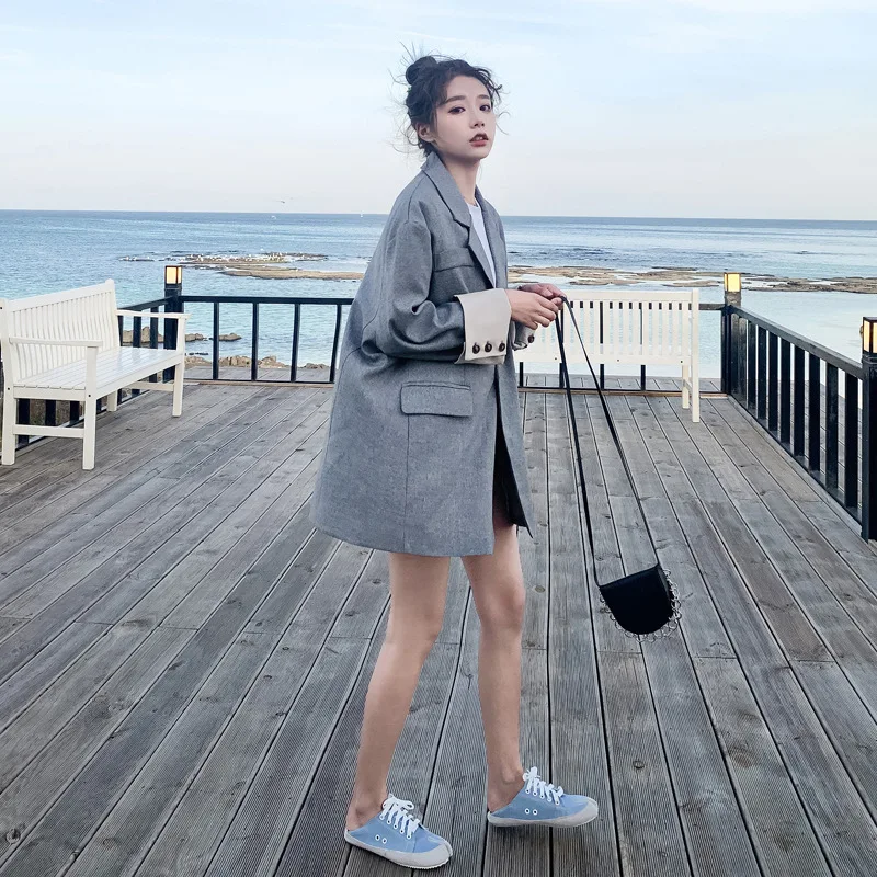 

19 Autumn New Style Korean-style Short-height Loose-Fit Students Versatile INS Hot Selling Turn Sleeve Grey Suit Trench Coat