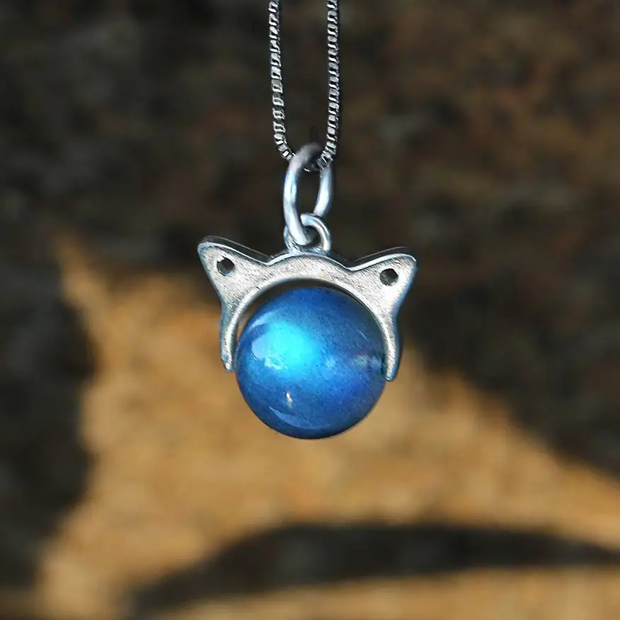 

Cute Cat 925 Silver Natural Labradorite Stone Pendant Necklace For Women Girl Fine Jewelry Gemstone Grey Moonstone bijoux