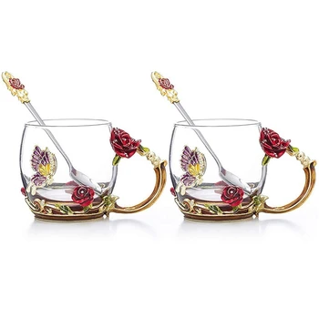 

Cup of Classical Wind Red Roses 2 Color Cup Enamel Cup Home Glass Coffee High Temperature Mug Gift Cups
