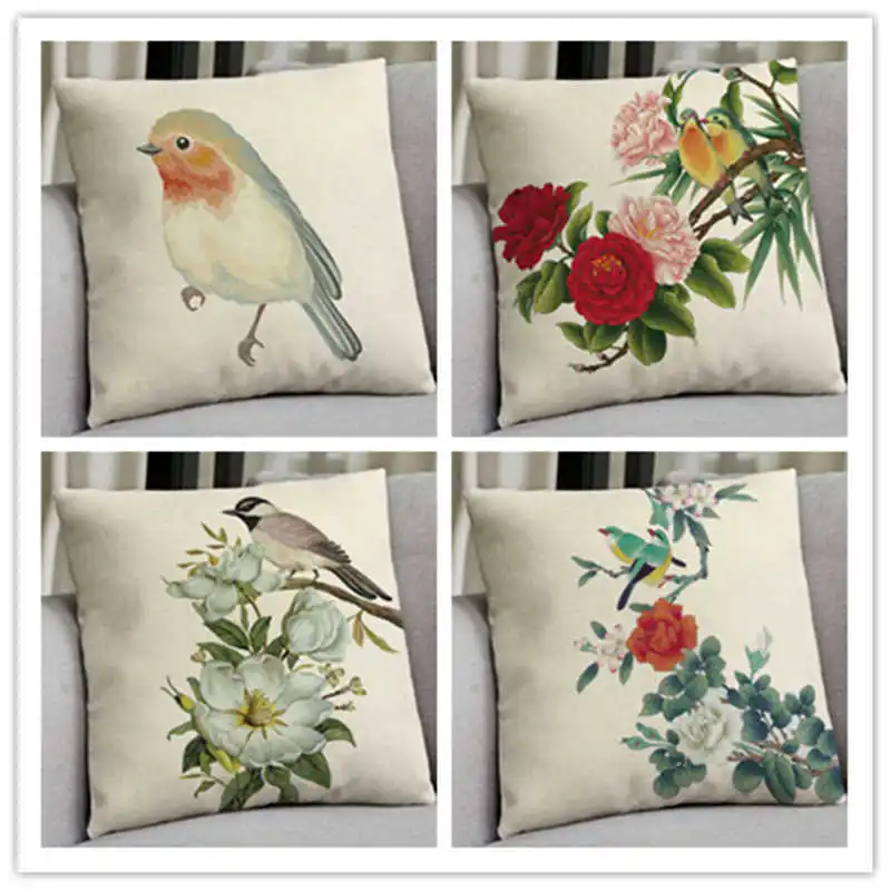 

Bird Pillow Case Home Linen Decor 18'' Cushion Cotton Sofa Cover Pattern