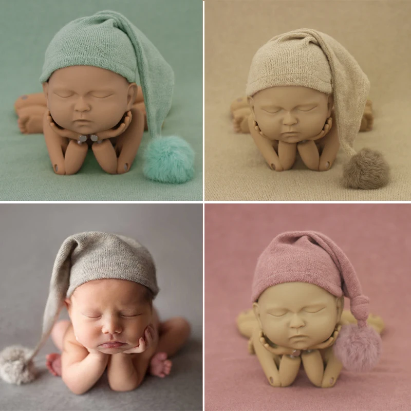 Baby Photography Props Knit Fur Ball Baby Knot Hat Photo Studio Accessories Set Newborn Bebe Fotografia Prop Cap Beanie Hat