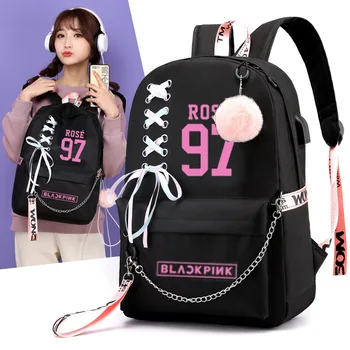 

Blackpink Backpack for School Kpop JISOO Lisa Backpack Women Korea Bag Teenage Girls USB Charging Laptop Mochila With Ribbon
