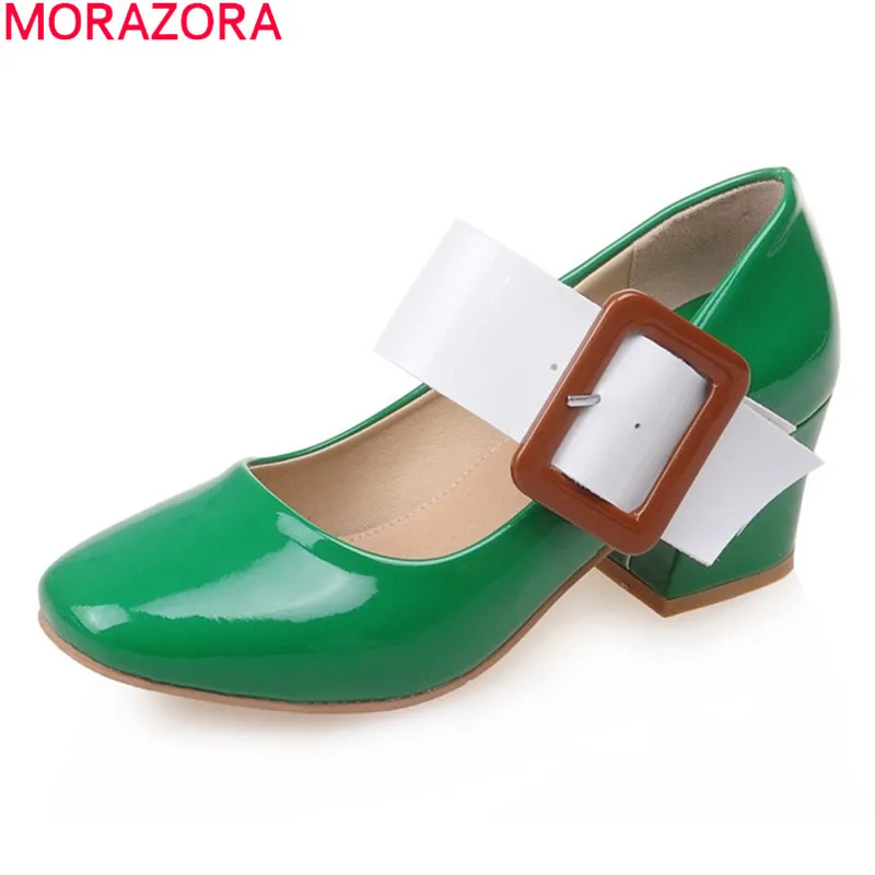 MORAZORA/; модные туфли на высоком каблуке; Вечерние туфли на толстом каблуке с квадратным носком; женские туфли-лодочки Mary Jane из лакированной кожи; большие размеры 33-43