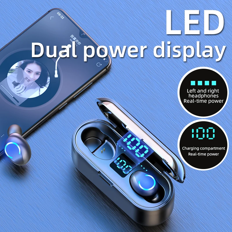 TWS 5 0 Bluetooth Earphones Wireless Headphones 2000mah LED Power Display Touch Control Wireless Headset Gaming Earbuds F9 TWS