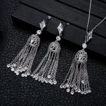 

Luxury Tassel Drops Earring Necklace Sets Cubic Zircon jewelry Sets for women Wedding India Bridal Jewelry d1378