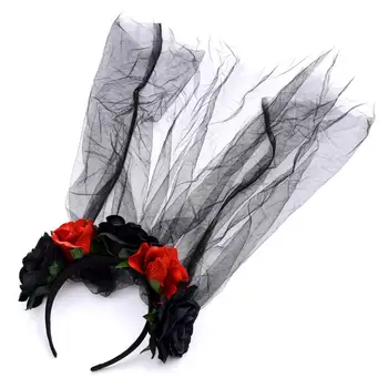 

Halloween Black Tulle Lace Veil Headband Womens Contrast Colored Artificial Rose Flower Hair Hoop Mexican Party Cosplay Costume