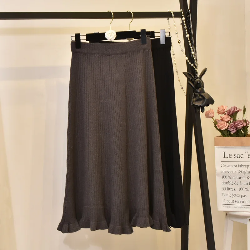 YuooMuoo 2019 осенние юбки элегантные шикарные юбки с оборками Женские вязанные черные с высокой талией Миди Женская юбка для офиса юбки