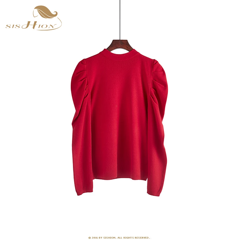 SISHION, новинка, круглый вырез, вязаный женский свитер, весна-осень, однотонный, свободный, модный, с пышными рукавами, свитер, пуловер, Femme QY0765 - Цвет: Red