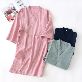 

Men and Women Pink Kimono Nightgown Crepe Gauze Cotton Couple Women's Bathrobes Fresh Long Loose Loose Sleepwear Bath Robe