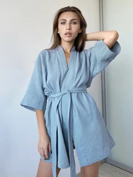 Crape Cotton Robe Women's Nightwear Mini Bathrobes Lace Up Sleepwear Muslin Women'S Home Clothes Solid Color Robes Women Nightie
