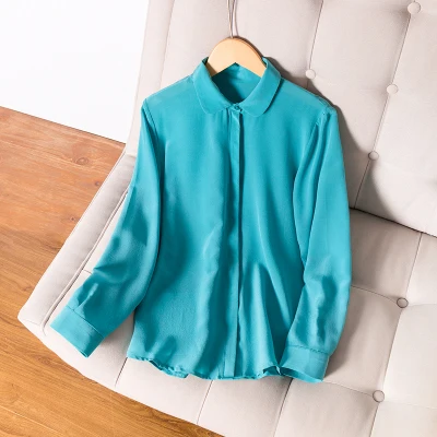 SuyaDream, женская простая шелковая блузка, шелк, креп, длинный рукав, отложной воротник, офисные блузки,, Весенняя рубашка - Цвет: Синий