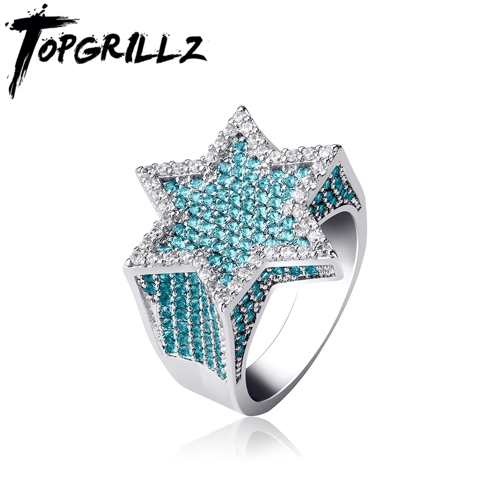 Кольцо TOPGRILLZ серебряное с шестиугольной звездой и голубым покрытием из