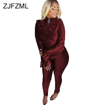 

Sparkly High Elastic Two Piece Set Women Clothes Long Sleeve Zipper Up Ruffles Top And Skinny Long Pant Suit 2 Piece Tracksuits