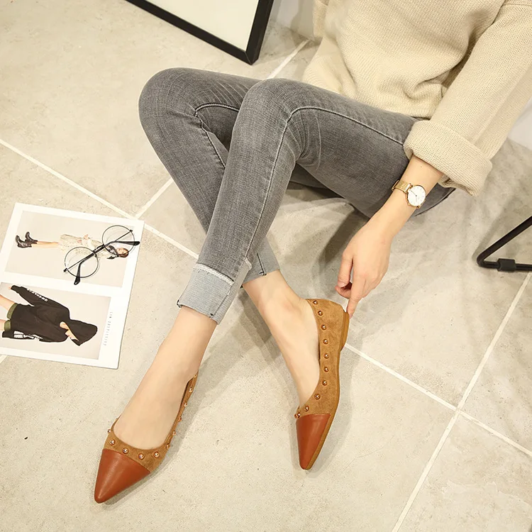 

2019 New Style Low Top Low-Cut Moccosins Korean-style Casual Pointed-Toe Rivet Shoes Comfortable Flat Low Heel Loafers