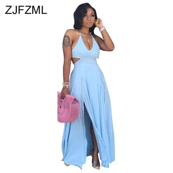 

Waist Band Cut Out Sexy Boho Beach Dress Women Deep V Neck Sleeveless Plus Size Dress Casual Side Split Backless Long Club Dress