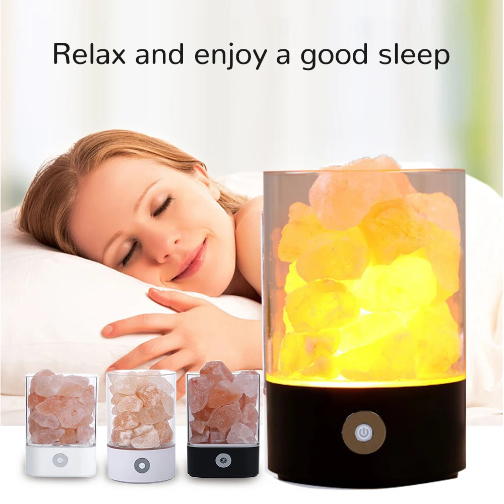 

USB Night Light Crystal Salt Ore Lights Natural Salt LED Ambient Lamp Air Purifier Round/Square Shape For Bedroom Lava Lamps