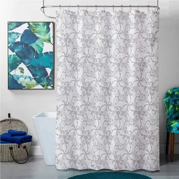 

Shower Curtains Dog Grey,Swirled Blossom Leaves Kitsch Exquisite Nature in Digital New Oriental Work of Art,Cloud White,W48 x