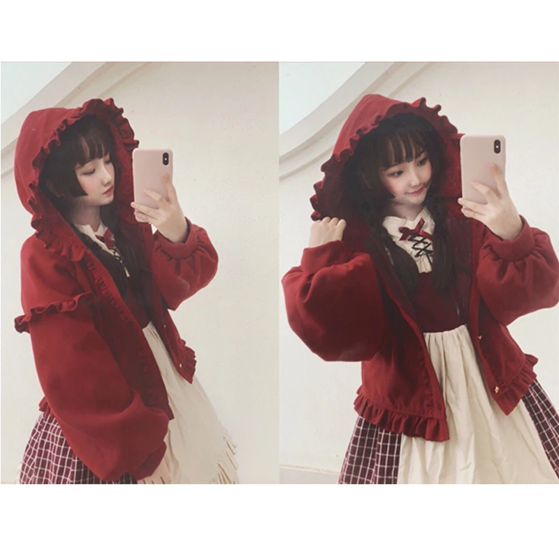 

3 Colors Ladies Autumn Winter Lolita Coat for Women Sweet Girls Hooded Cape Plus Velvet Thicken Lolita Outwear Lantern sleeve