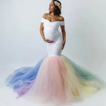 

NEW 2019 Sexy Lace Shoulderless Pregnancy Dress Photography Long Sleeve Rainbow Mesh for Women Pregnancy Dress Photography