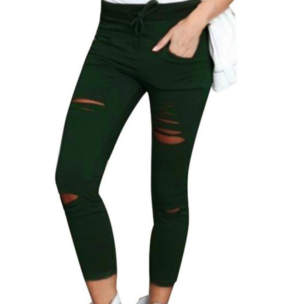 Plus Size Solid Color Womens trousers Drawstring High Waist Pencil Pants Ripped Skinny Womens trousers sports pants Leggings leggings