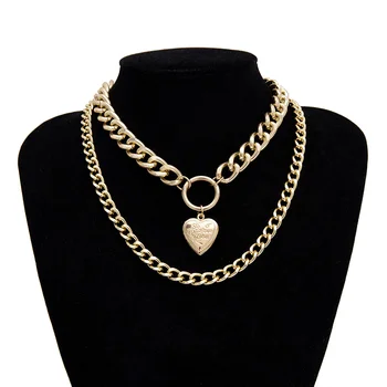 

Punk Cuban Choker Necklace Thick Chain European&America Two Heart Pendant Necklace Women Jewelry