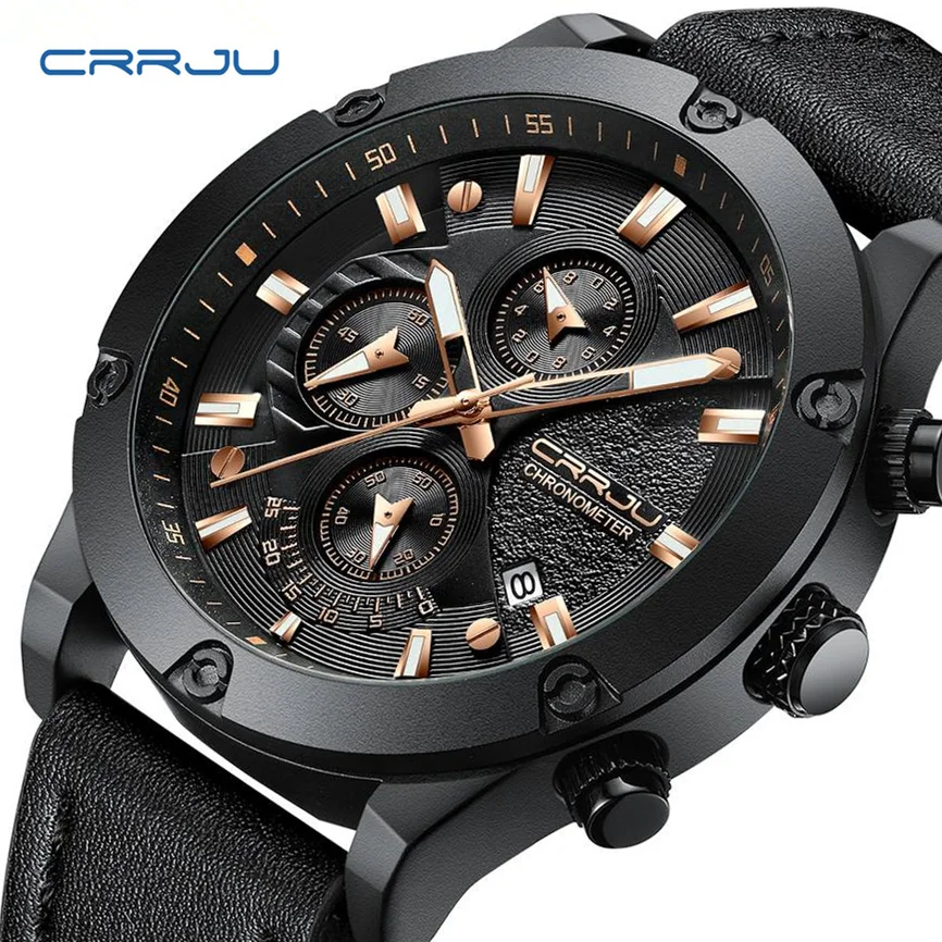 

CRRJU Men Watch Multi-function Quartz Wristwatch Waterproof Auto Date Luminous Hand Sport Watches Leather Strap Top Brand Reloj