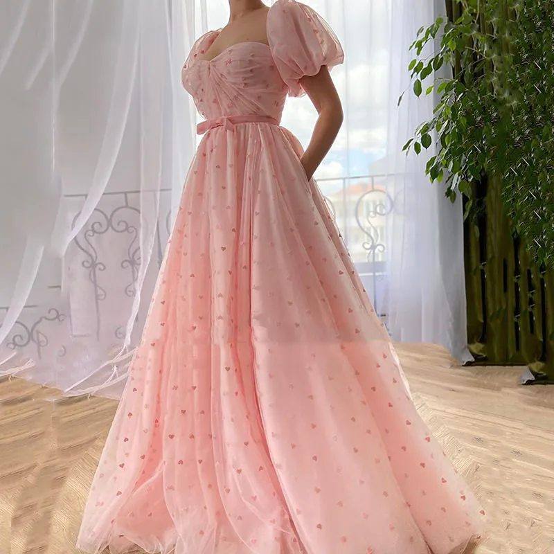 

Розовое ТРАПЕЦИЕВИДНОЕ платье в горошек BridalAffair, платье для выпускного вечера с вырезом сердечком и коротким рукавом, официальное платье из тюля с бантом, вечерние платья