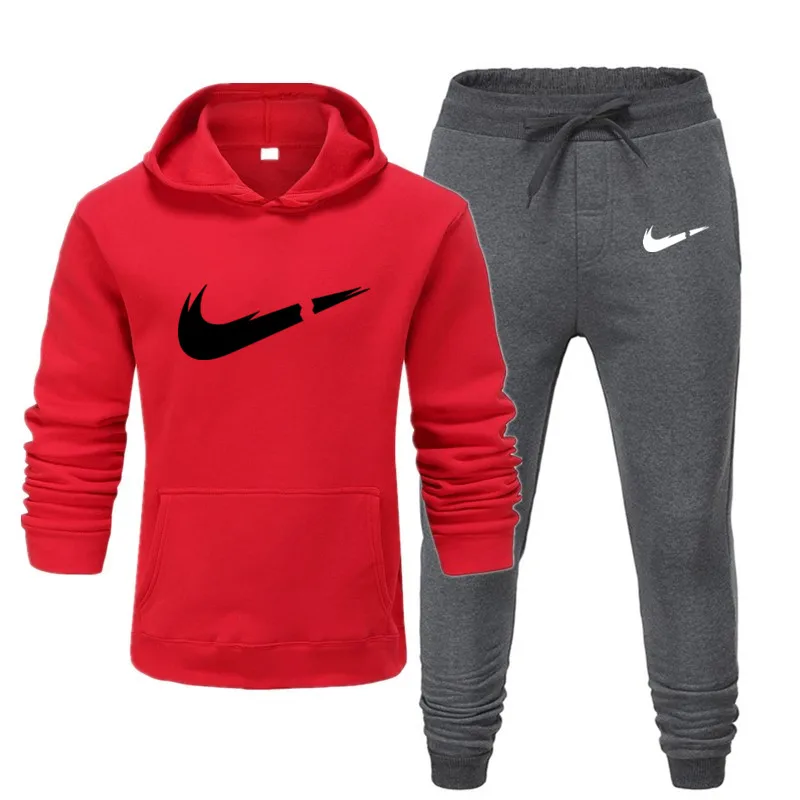 Брендовая одежда, мужские повседневные толстовки, пуловер, хлопковый мужской спортивный костюм, толстовки из двух частей+ штаны, спортивные рубашки, осенне-зимний комплект - Цвет: C-red dark gray