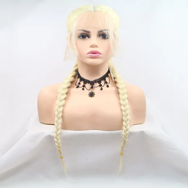 Braided Lace Front Wigs Ombre Braid Black Synthetic Wig Blonde 2 Braids Highlight Big Braiding Ponytail Baby Hair For Women 613 Blonde