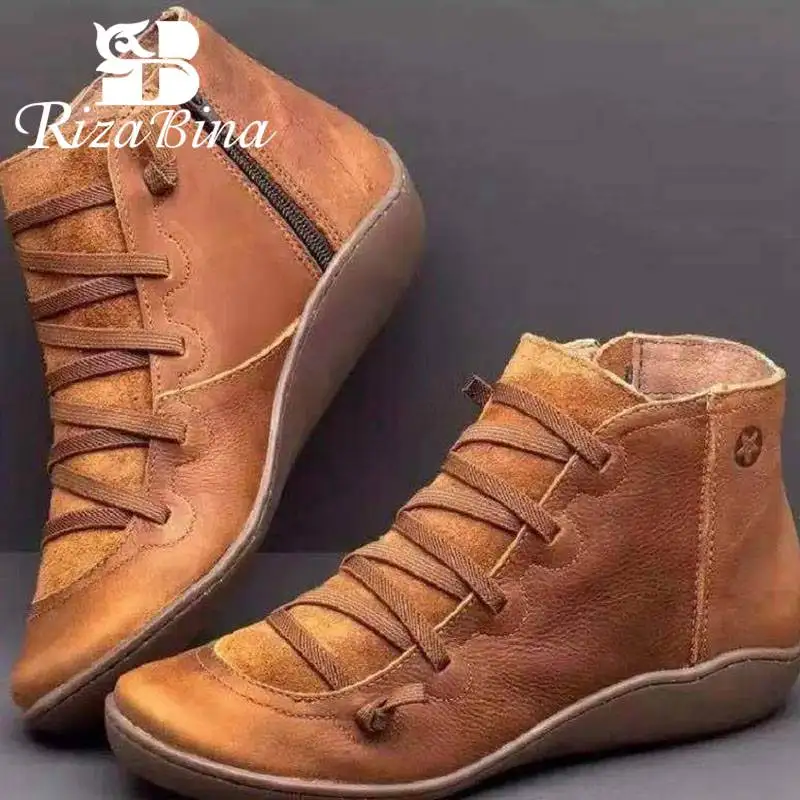

RIZABINA Ankle Boots For Women 2020 Autumn Winter Flats Shoes Women Roman Style Zipper Tooling Footwear Short Boots Size 35-43