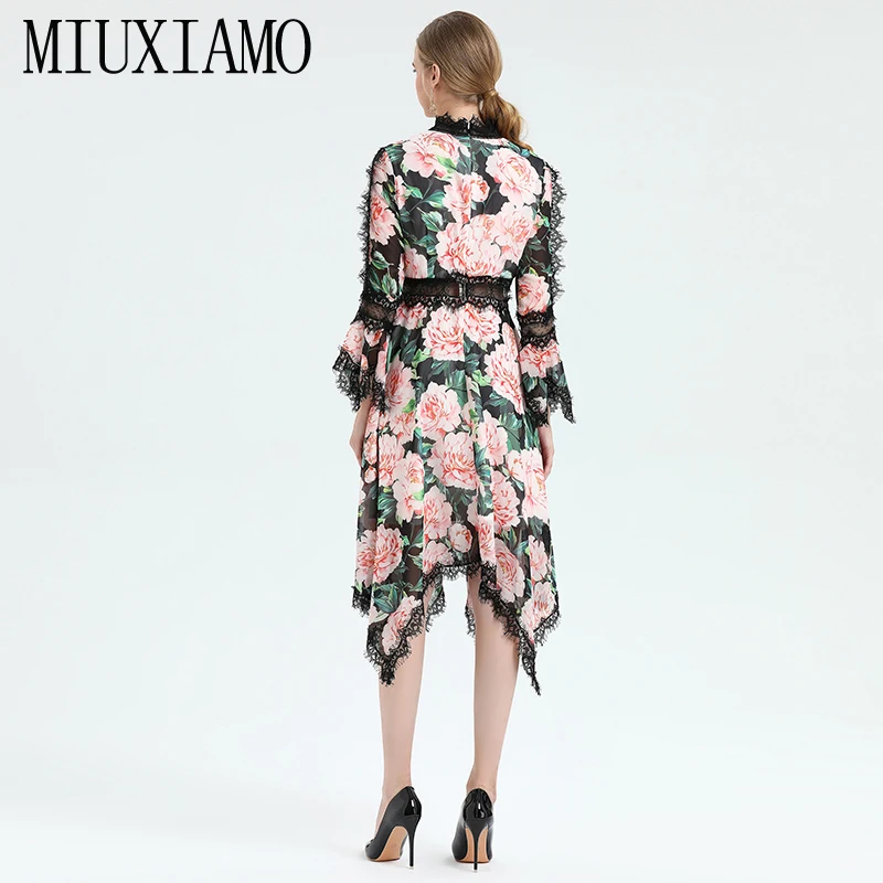MIUXIMAO, высокое качество, лето и весна, асимметричное кружевное платье, винтажное, цветочный принт, элегантное, повседневное, шелковое платье для женщин, vestido