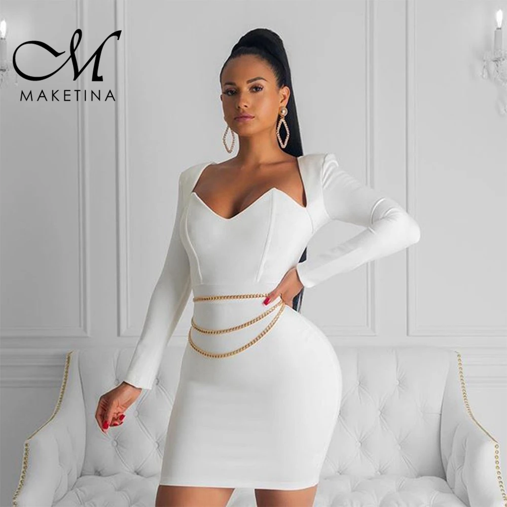 

Maketina Bandage Dresses 2019 New Arrivals White Sexy Square Collar Long Sleeve Bandage Dress Mini Plain Evening Party Dress